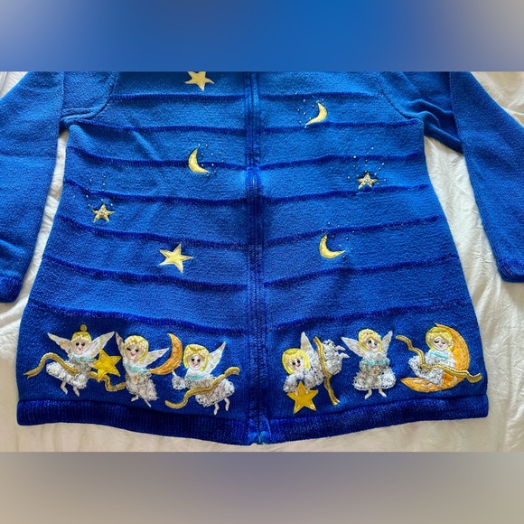 Quacker Factory Zip Up Cardigan Jumper Angel Moon Star Pearl Sequin EUC Sz L - Picture 3 of 13